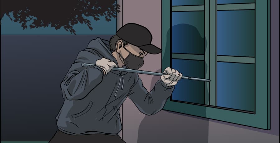 Illustration of burglar forcing entry through a window in Madison